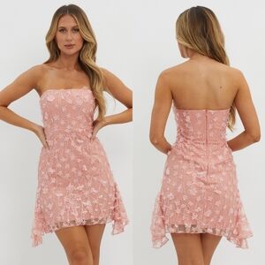 new Selfie Leslie Lacynda Strapless Embellished Elegant Pink Lace Formal Dress